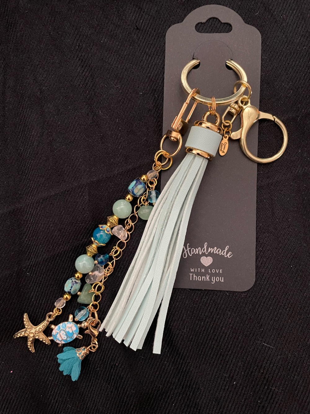 Handmade Light Aqua Tassel Keychain with Beaded Charm